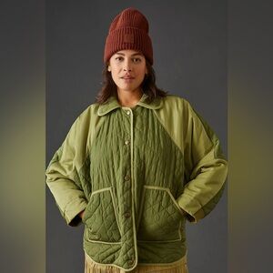 Anthropologie Pilcro Oversized Quilted‎ Colorblock Jacket Moss Green XL